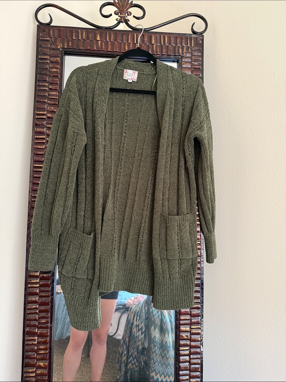 Pink Rose Olive Green Open-Front Ribbed Cardigan